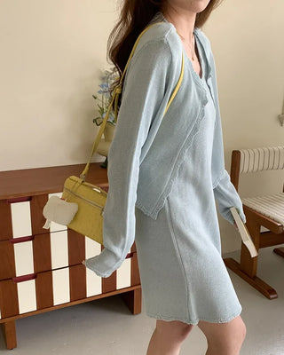 (4 colors) (set) Lace sleeveless knit dress & cardigan set