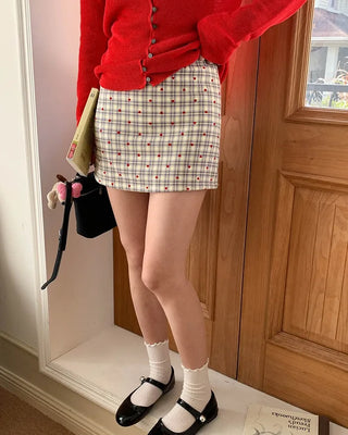 (2 colors) High-waisted checkered mini skirt