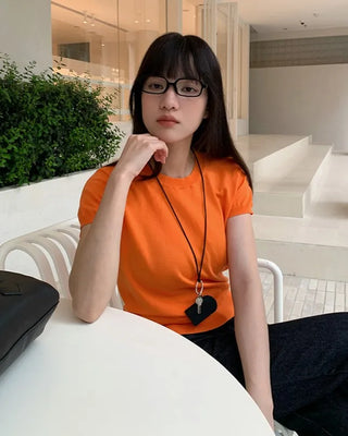 [4 colors] Round neck solid color short-sleeve knit