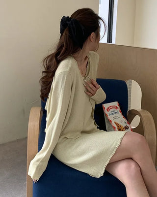 (4 colors) (set) Lace sleeveless knit dress & cardigan set