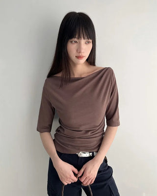 (6 colors) Off-shoulder T-shirt