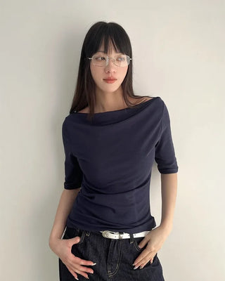 (6 colors) Off-shoulder T-shirt