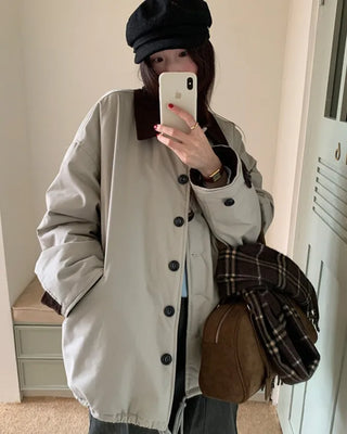 (2 colors) Wool-lined boa button-up jacket, oversized