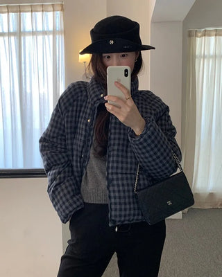 Checkered high-neck short down jacket