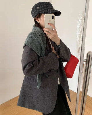 Gray basic blazer & scarf set