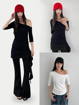 One-shoulder side shirred short-sleeved T-shirt