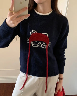 Cat embroidered round neck knit