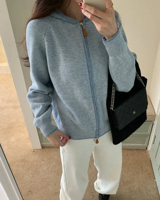 Striped two-way zip-up hooded knit sweater