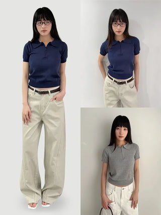 (2 colors) Half-zip color knit T-shirt