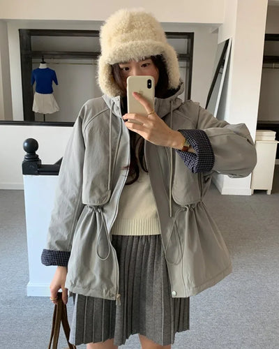 (2 colors) Checkered pattern, color-blocked, fleece-lined hooded jacket (brushed lining)