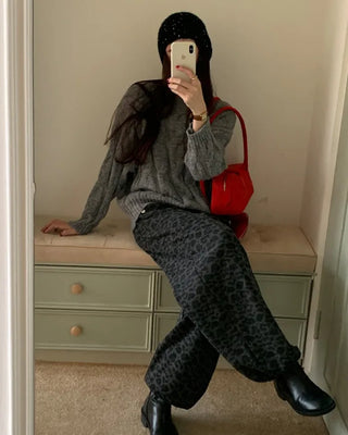 Fleece-lined leopard print elastic waist sweatpants
