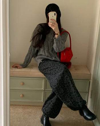 Fleece-lined leopard print elastic waist sweatpants