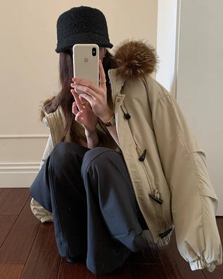 Duffle down jacket with buttons and fur hood