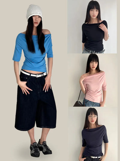 (6 colors) Off-shoulder T-shirt
