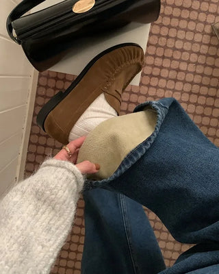 Fleece-lined washed wide-leg denim pants