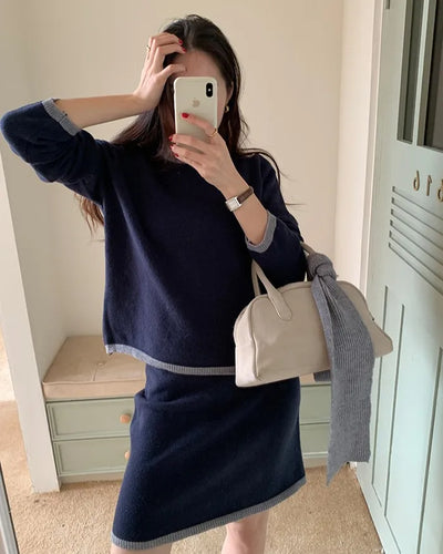 Line bicolor knit two-piece set with scarf SET