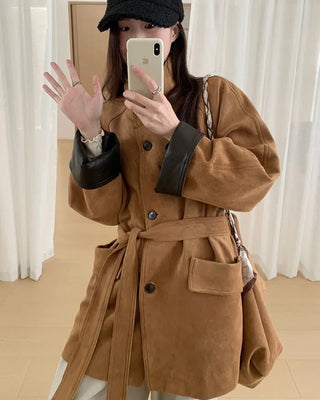 Waist belt suede coat bag set