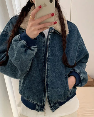 Detachable collar quilted denim zip-up jacket