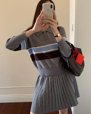 (Set) Colored knit & pleated skirt