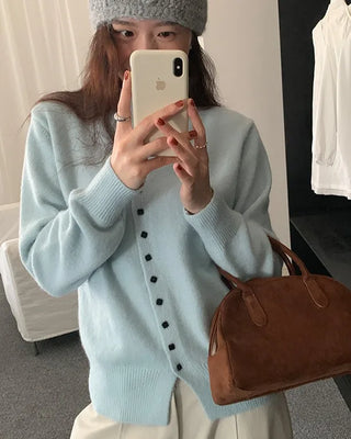 (3 colors) High-neck square-button wool cardigan