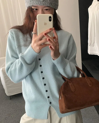 (3 colors) High-neck square-button wool cardigan