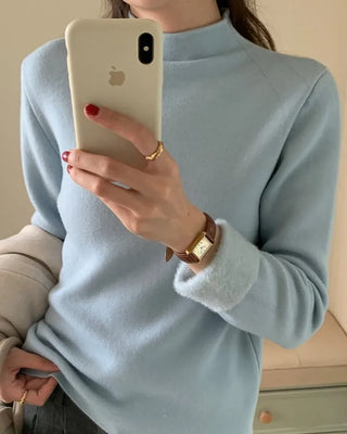 Faux Fur Lined Mock Neck Slim T-Shirt