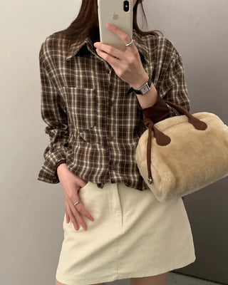 (2 colors) Peach brushed check shirt