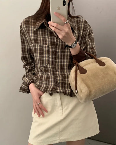 (2 colors) Peach brushed check shirt