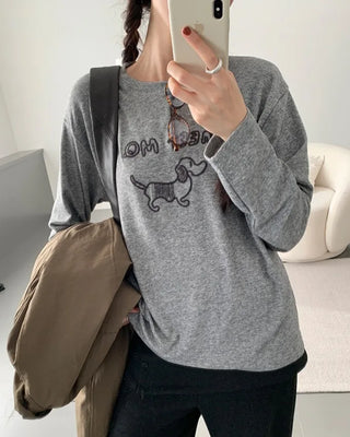 Puppy embroidered round neck long-sleeved T-shirt