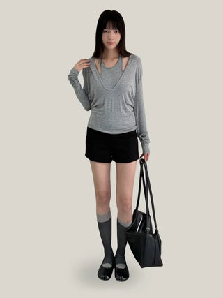Halter neck faux layered hooded T-shirt