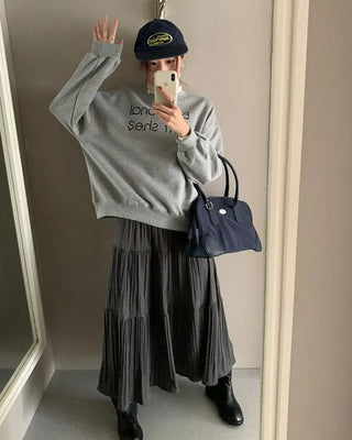 Elastic waist pleated long skirt