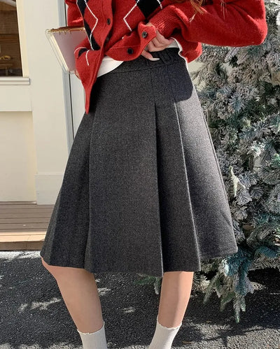 (2 colors) Two-pleat midi skirt