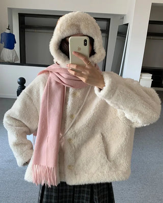 High-neck fur jacket & bag set