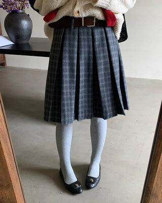 Belted wool check pattern pleated midi skirt (2 colors)