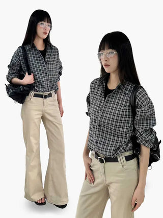 Black grid check long-sleeved shirt