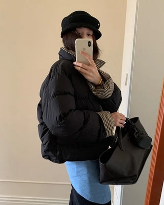 Elastic waistband check pattern color-block down jacket