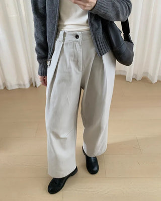 Pleated slit elastic waist cotton pants