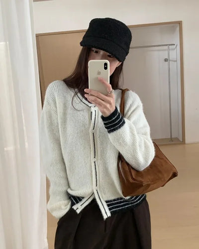 (3 colors) Bi-color round neck cardigan