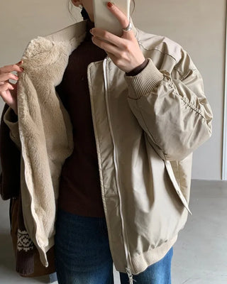Reversible fur-lined bomber jacket