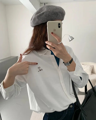 Embroidered cotton long-sleeved loose-fit shirt