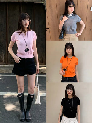 [4 colors] Round neck solid color short-sleeve knit