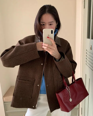 Leather-colored brown zip-up button jacket