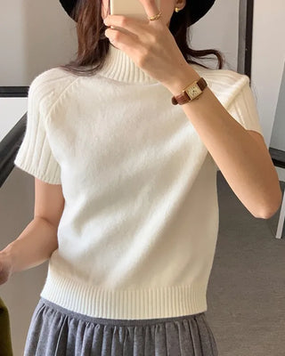 High-neck short-sleeved knit t-shirt