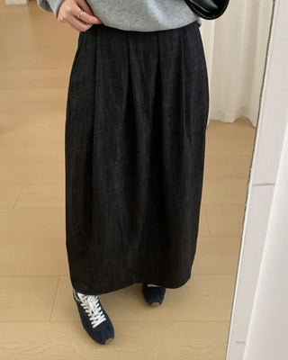 Denim draped ribbed long skirt