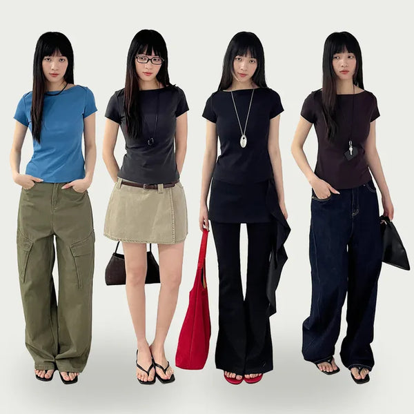 [4 colors] Cotton Spun Rib Neck Short Sleeve T-Shirt