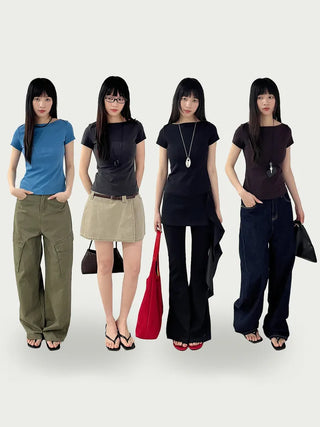 [4 colors] Cotton Spun Rib Neck Short Sleeve T-Shirt