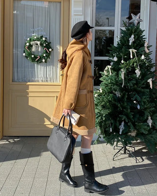 Suede hooded duffel button sheepskin coat