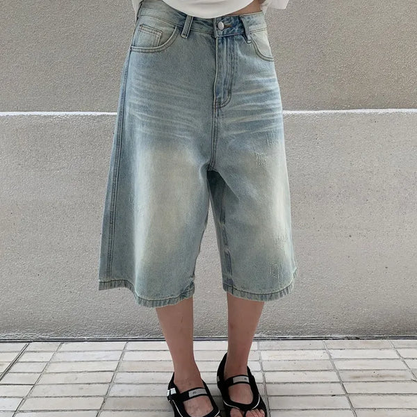 Washed Bermuda denim pants