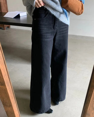 Fleece-lined straight-fit washed denim pants