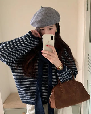 Striped round neck knit faux shawl set